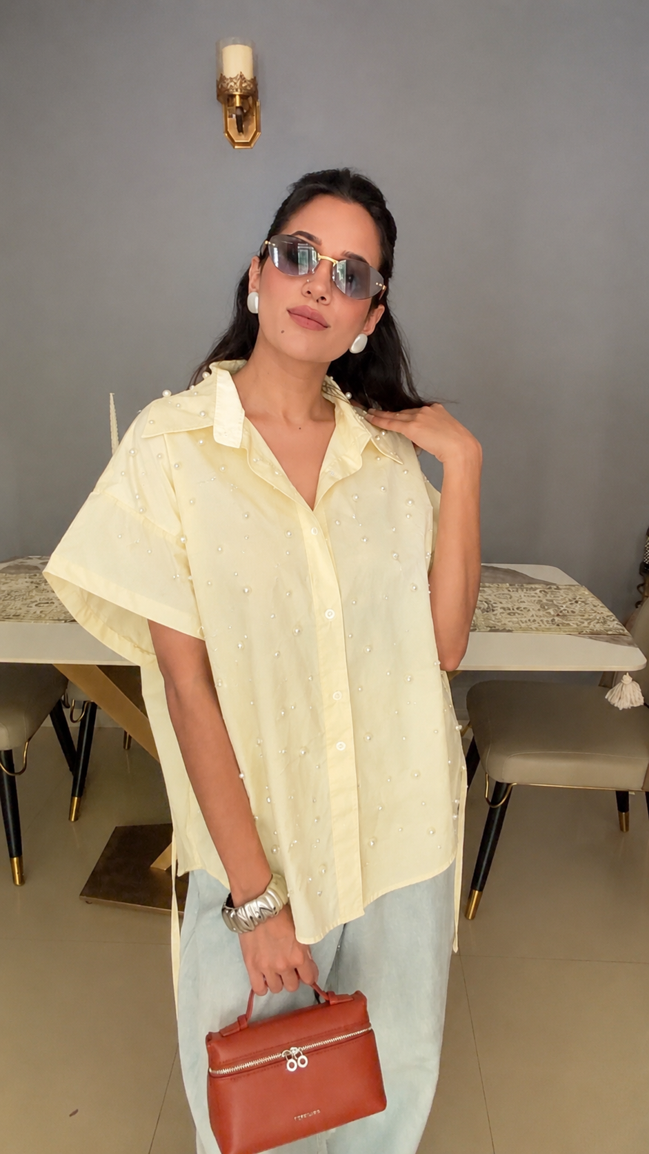 Oversized Pearl Embedded Poplin Shirt