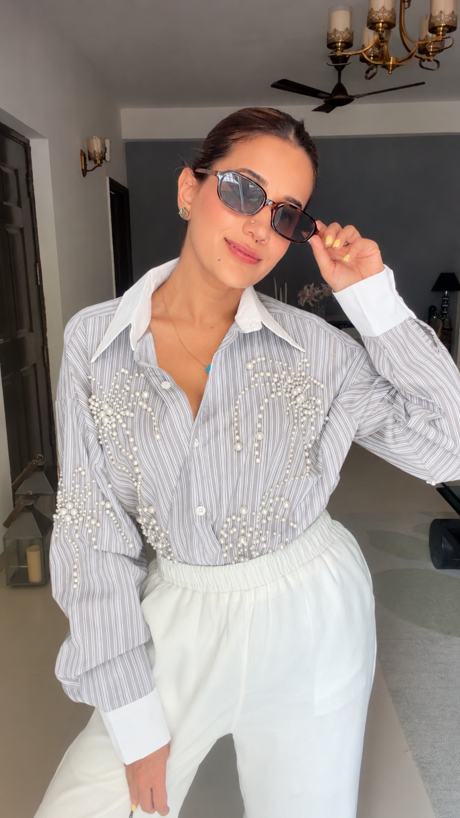 Pinstripe Pearl Detailed Poplin Shirt