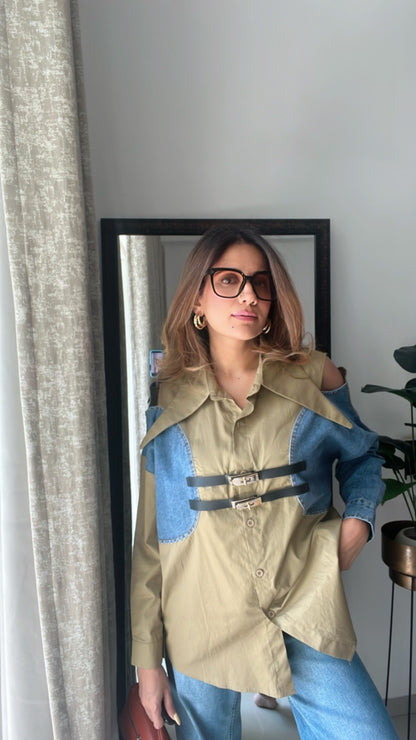Denim Shoulder Cut Belt detailed Poplin Shirt