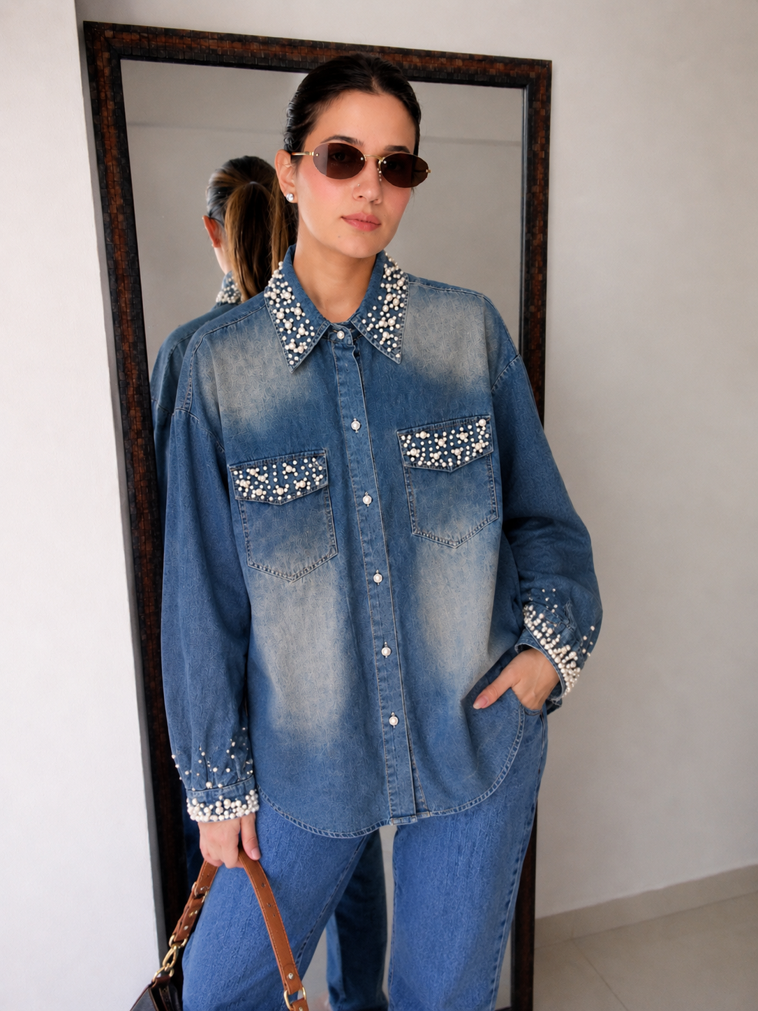 Pearl Studded Denim Shirt