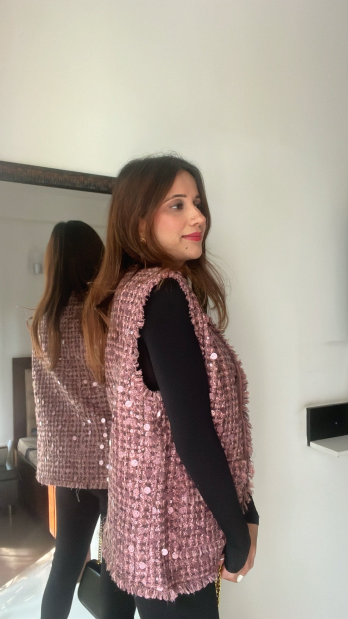 Sequin Embedded Tweed Fall Vest