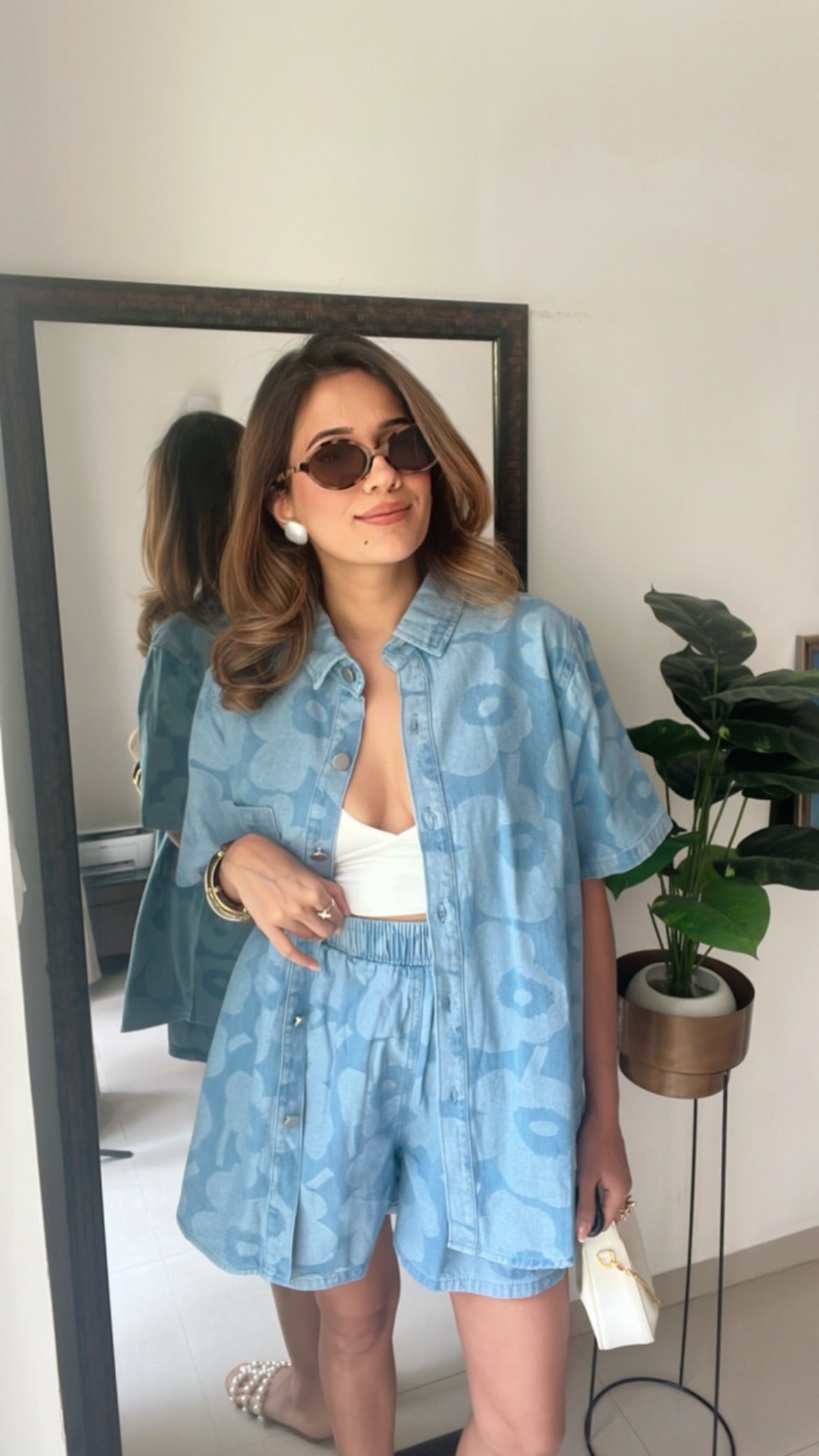 Flower Imprint Denim Shorts Co-ord Set