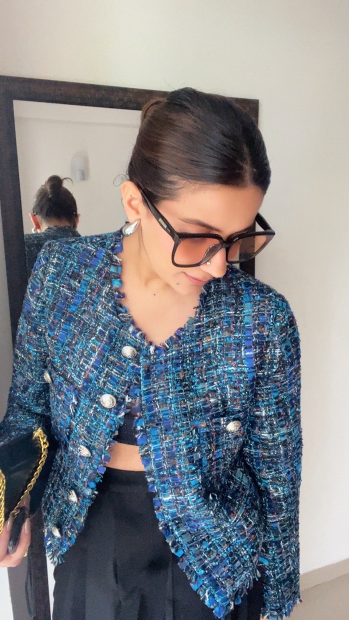Blue Textured Tweed Fall Jacket