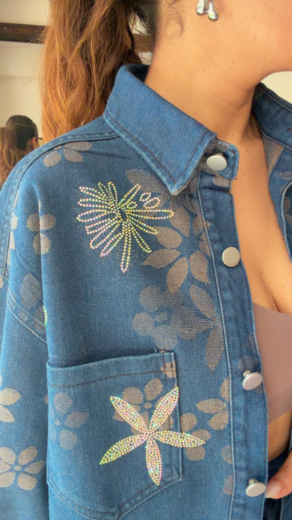 Denim Swarovski Studded Flower Co-ord Set