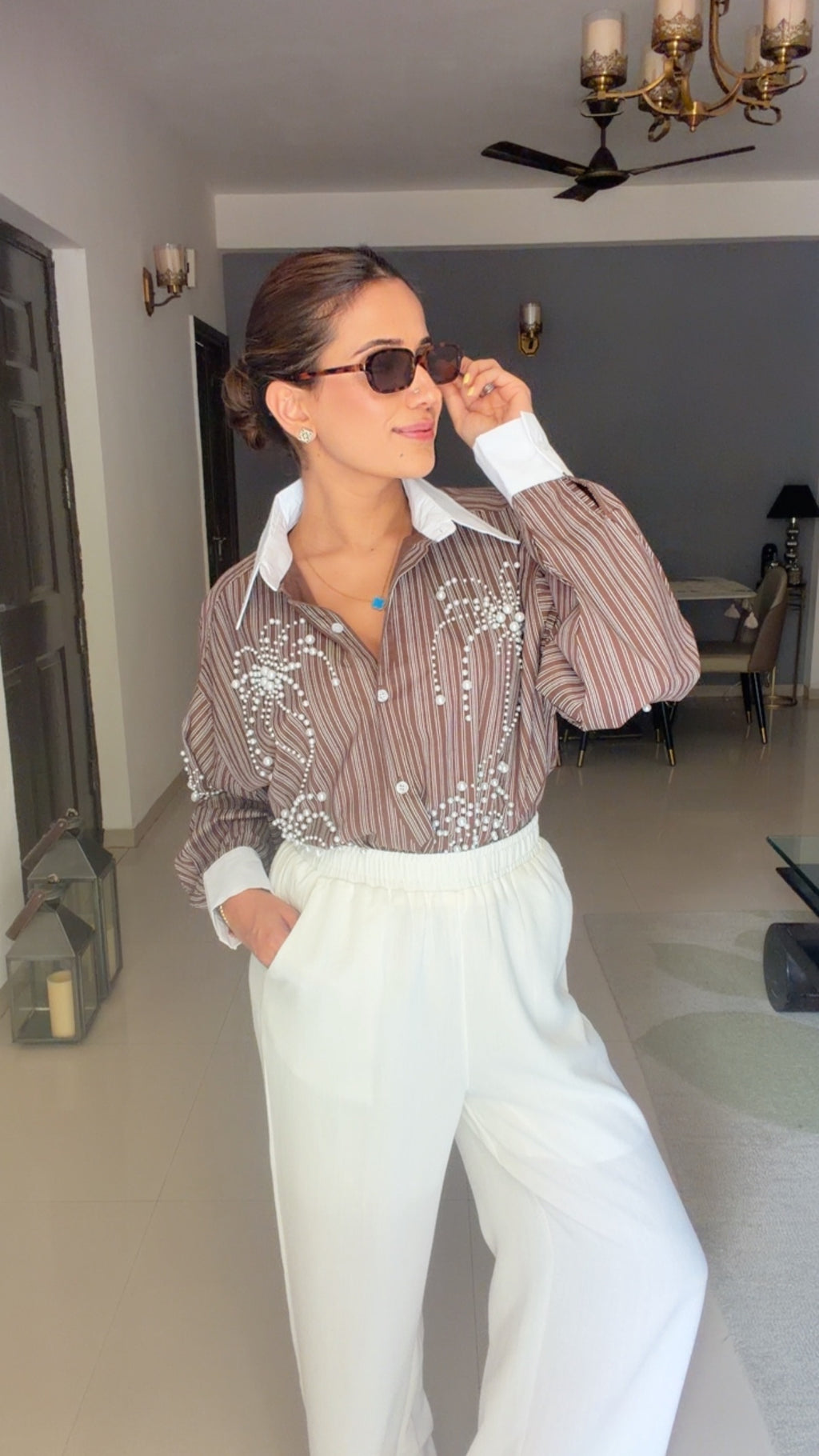 Pinstripe Pearl Detailed Poplin Shirt