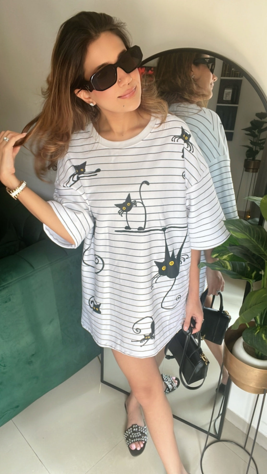 Cat Oversized Sleeves Stripe Tee
