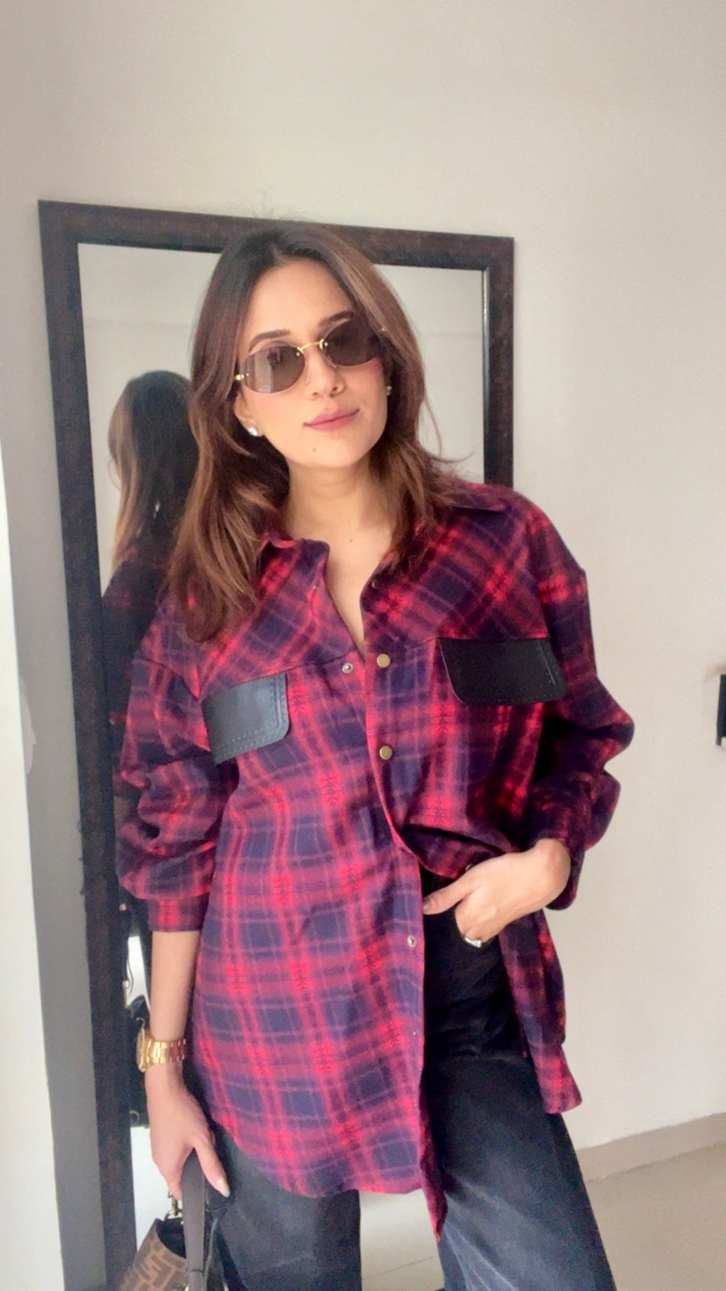 Plaid Leather Pocket Fall Shirt