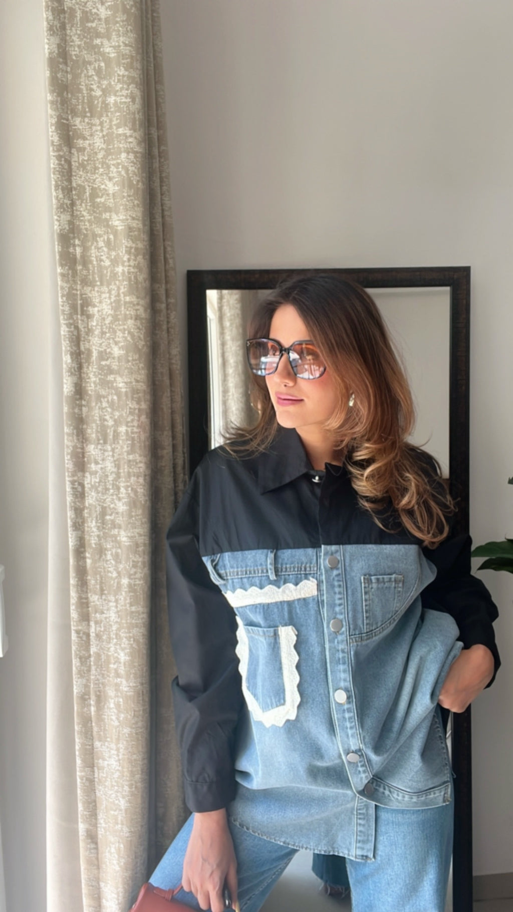Denim Lace detailed Poplin Shirt