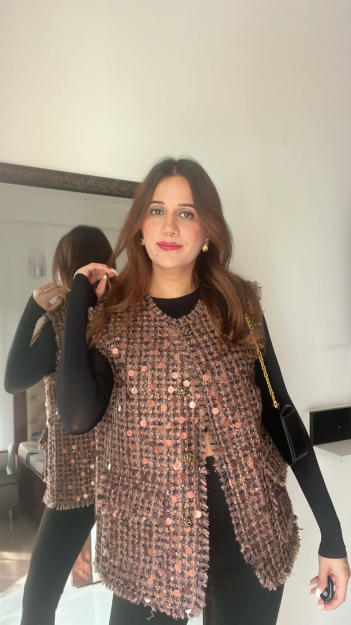 Sequin Embedded Tweed Fall Vest