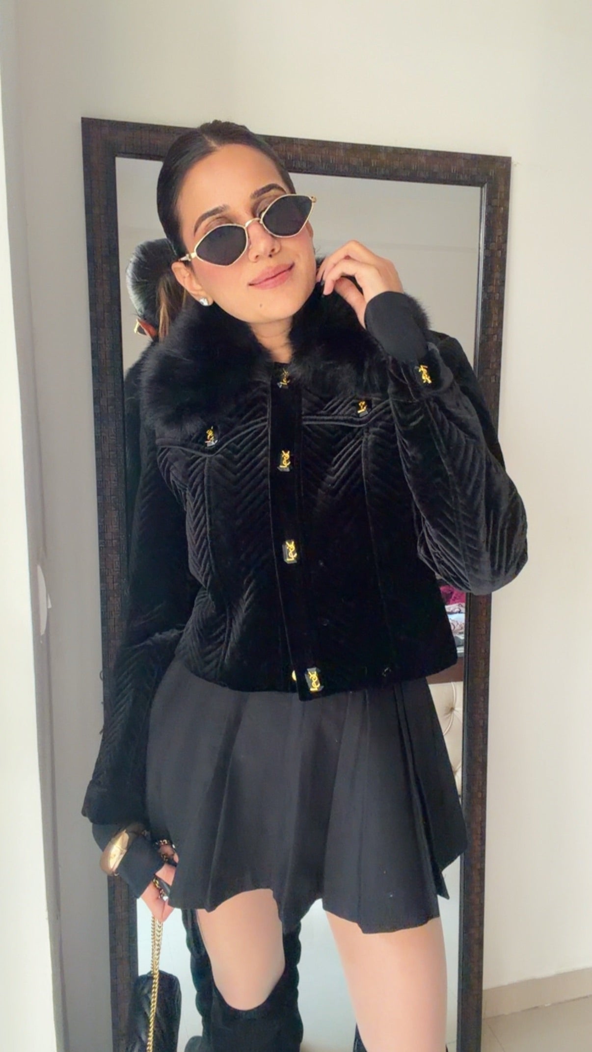 Fall Quilted Velvet Jacket with Faux Fur Collar