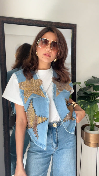 Gold Star Swarovski Denim Fall Vests