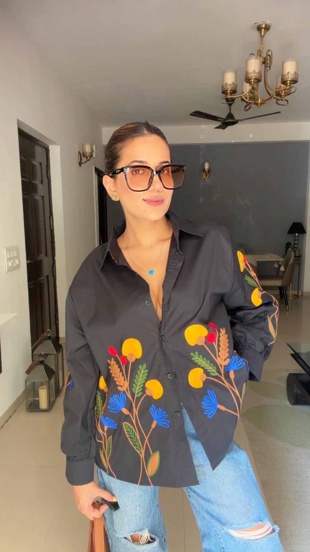 Floral Embroidered Relaxed Button-Down Shirt