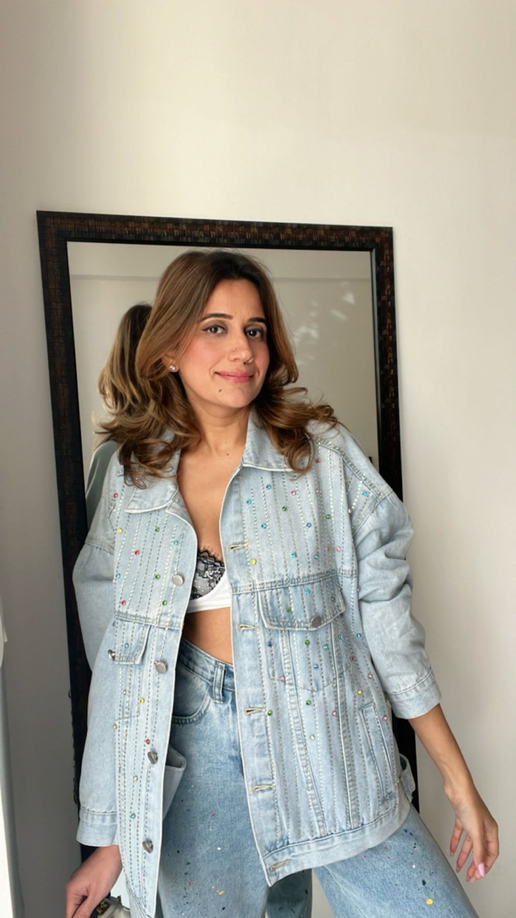 Multi Color Splash Studded Denim Fall Jacket