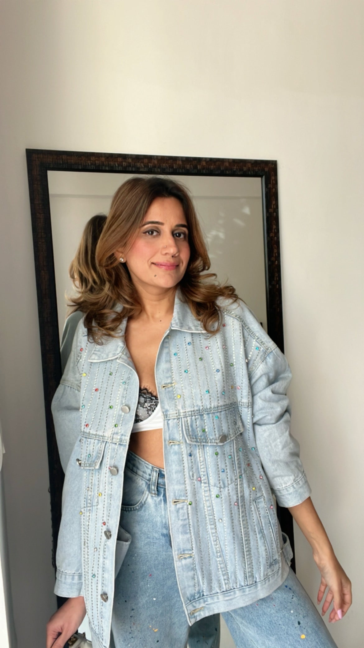 Multi Color Splash Studded Denim Fall Jacket