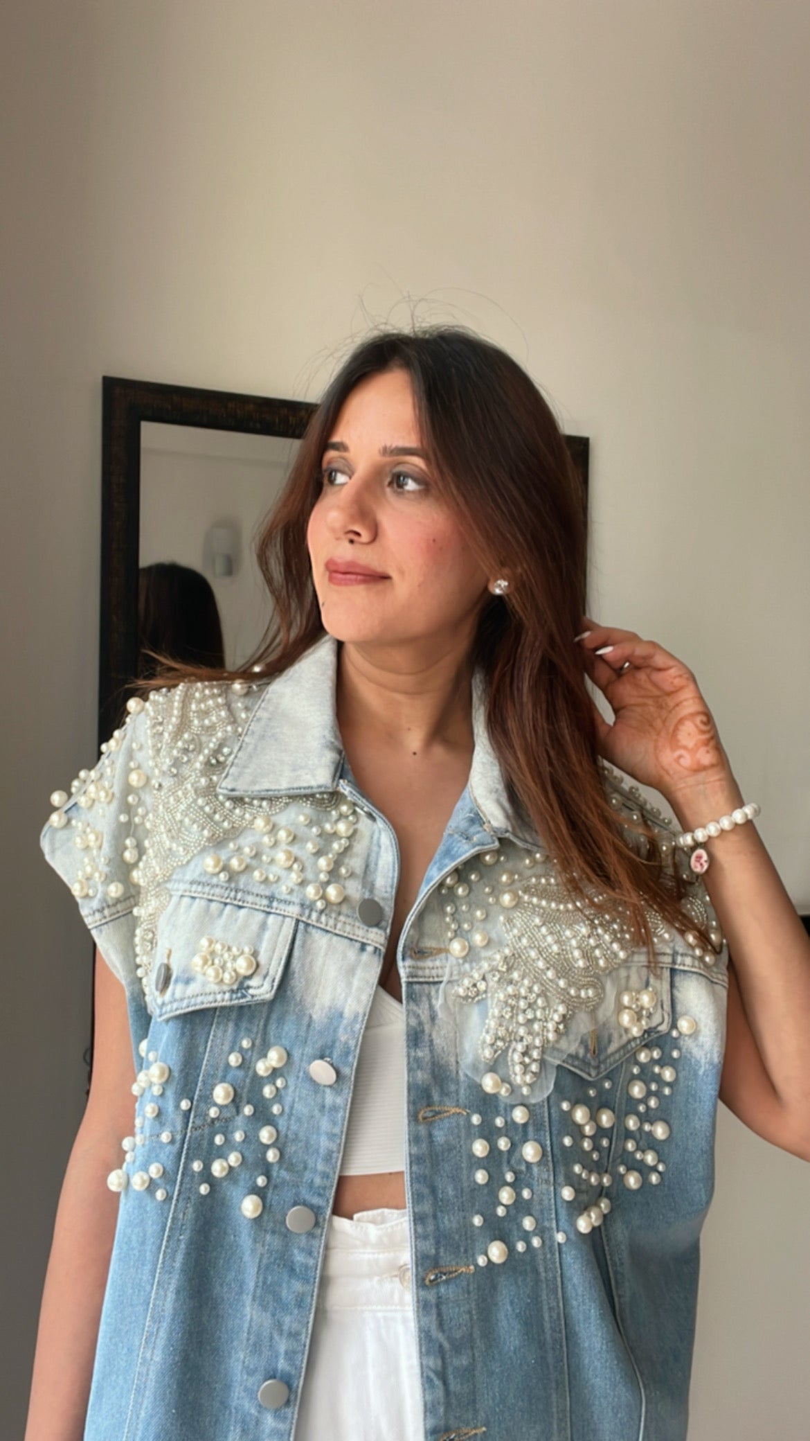 Pearl Embellished Denim Fall Jacket