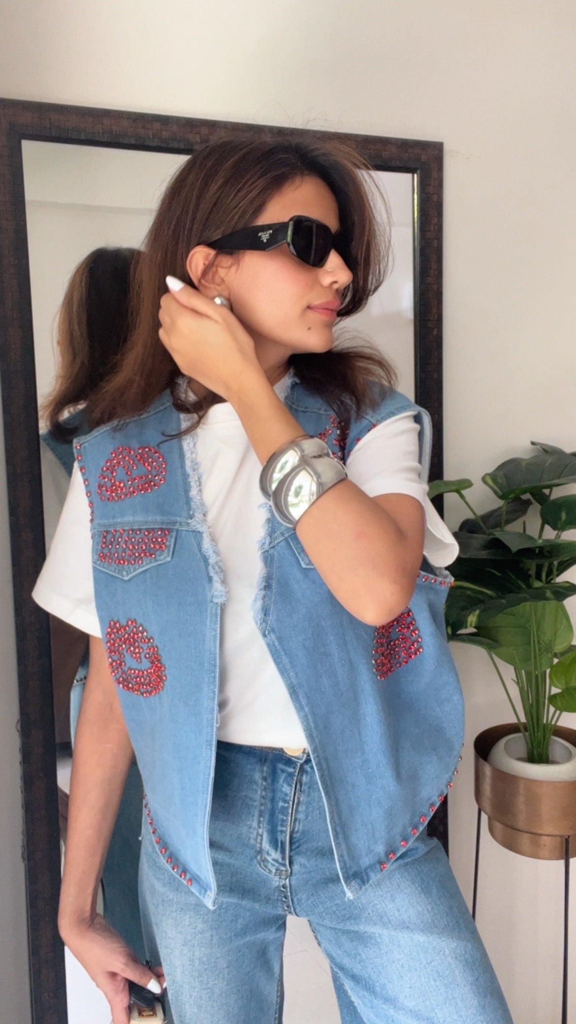 Red Studded Lips Denim Fall Vest