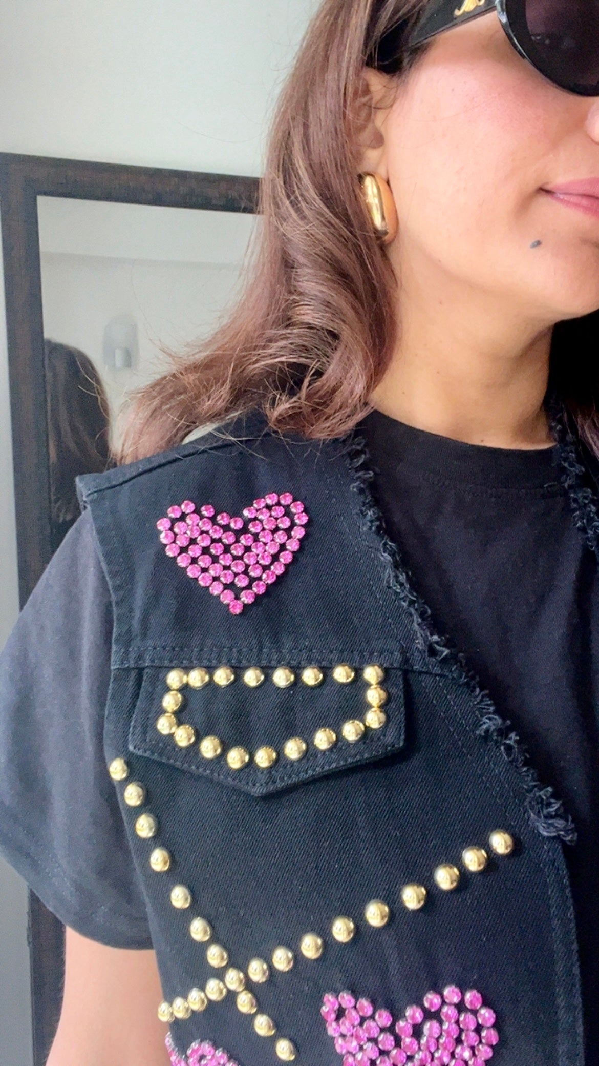 Gold Metal Pink Heart Denim Fall Vest