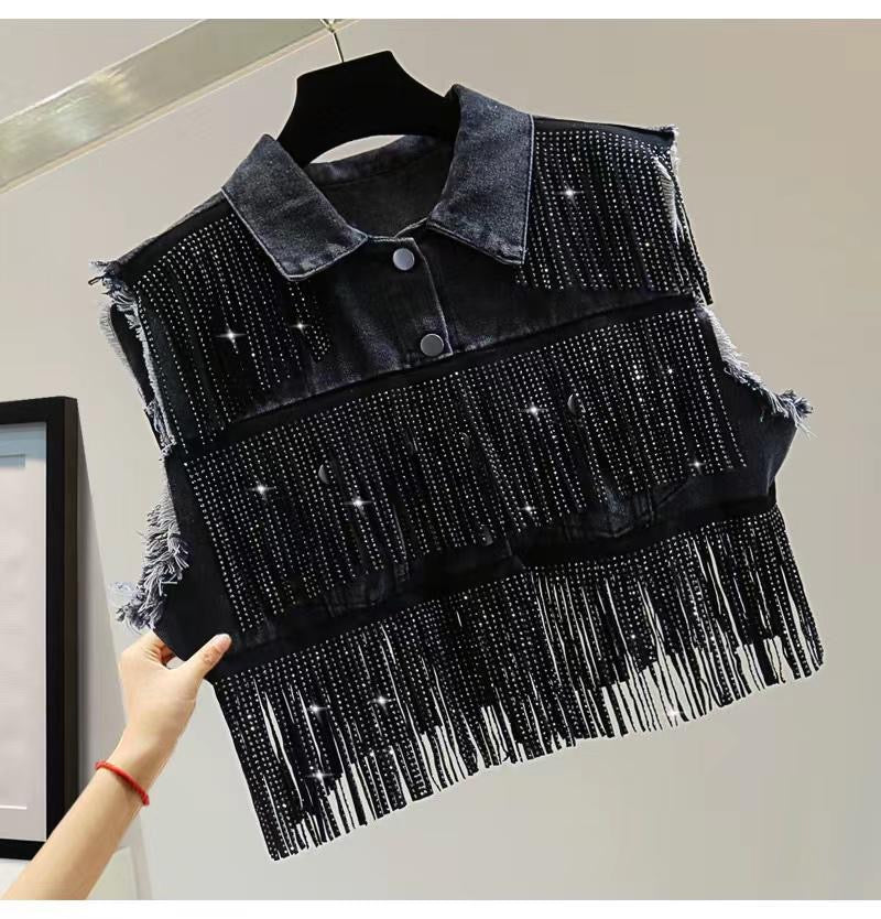 Fringe Swarovski Studded Denim Fall Jacket