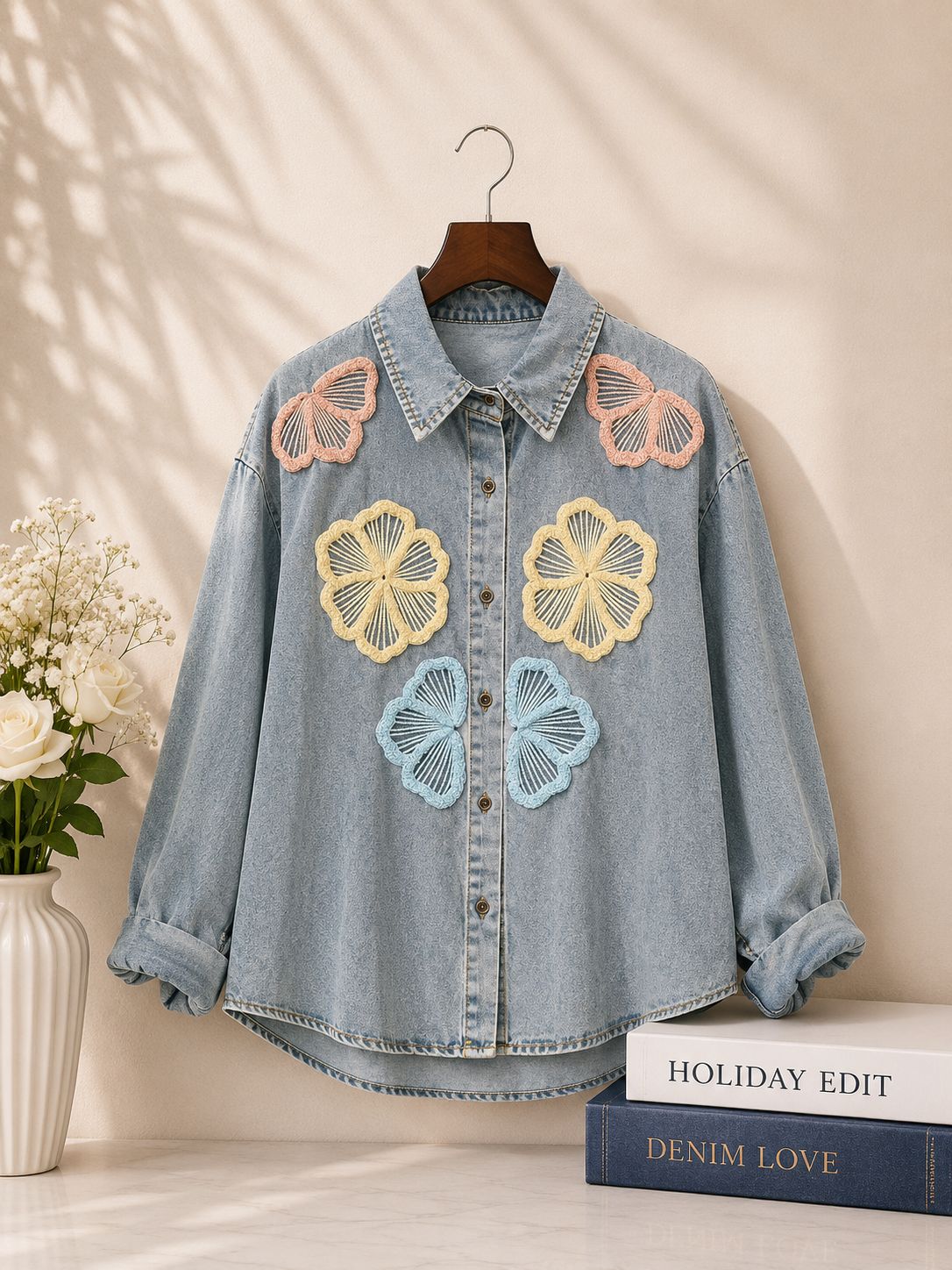 Floral Appliqué Denim Shirt