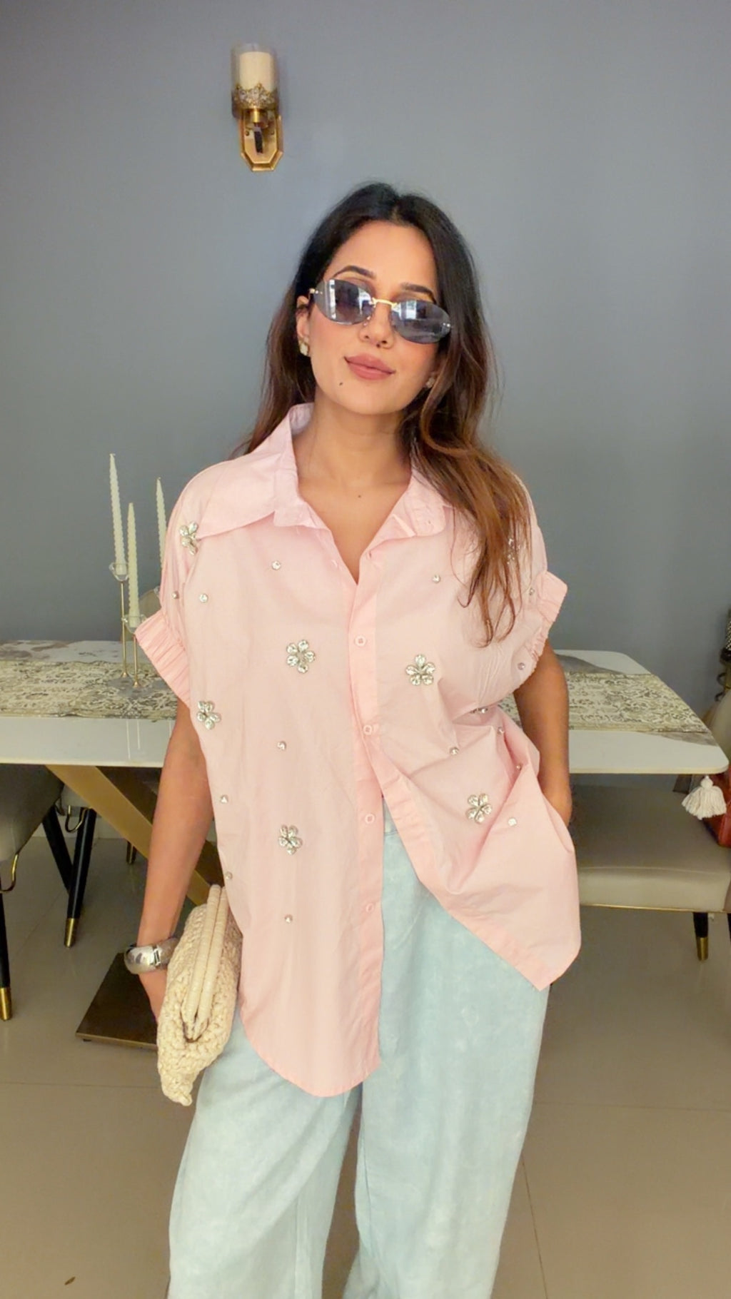 Embellished Ruched Sleeve Statement Top