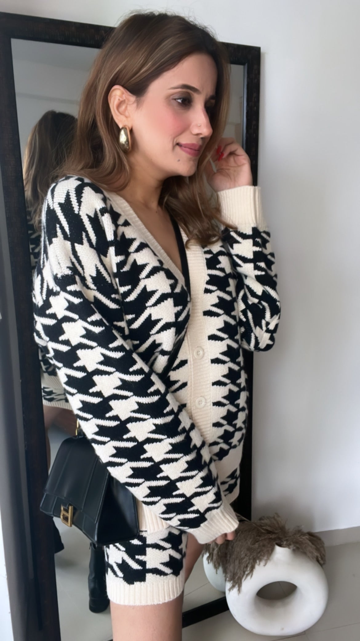 Houndstooth Knitted Shorts Fall Co-ord Set