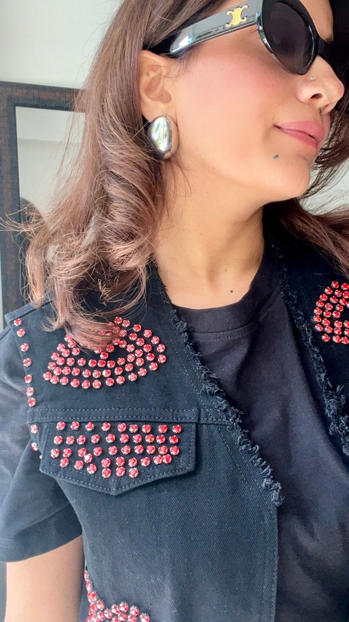 Red Studded Lips Denim Fall Vest