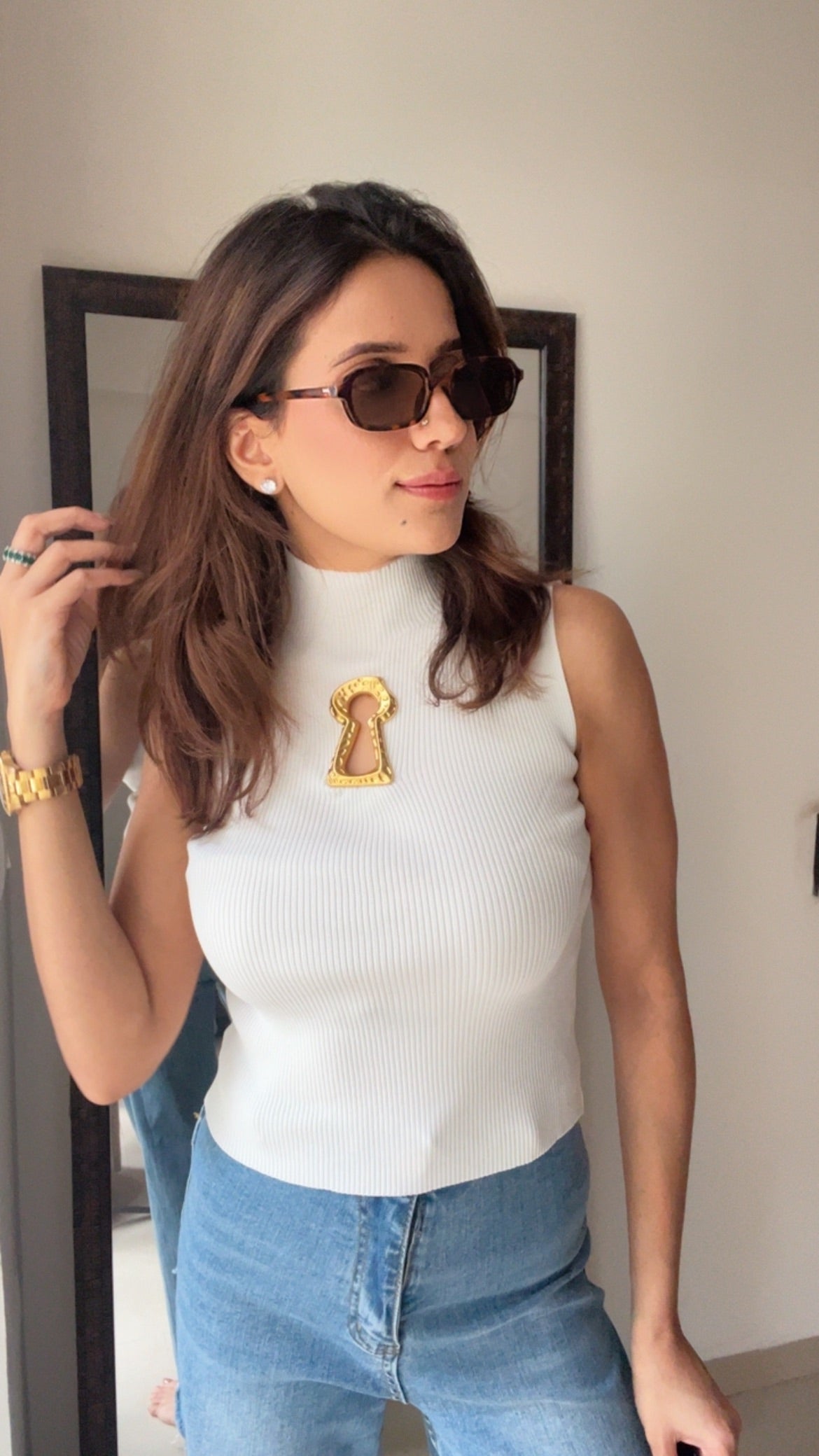 Ribbed Gold Metal Keyhole Tank Top