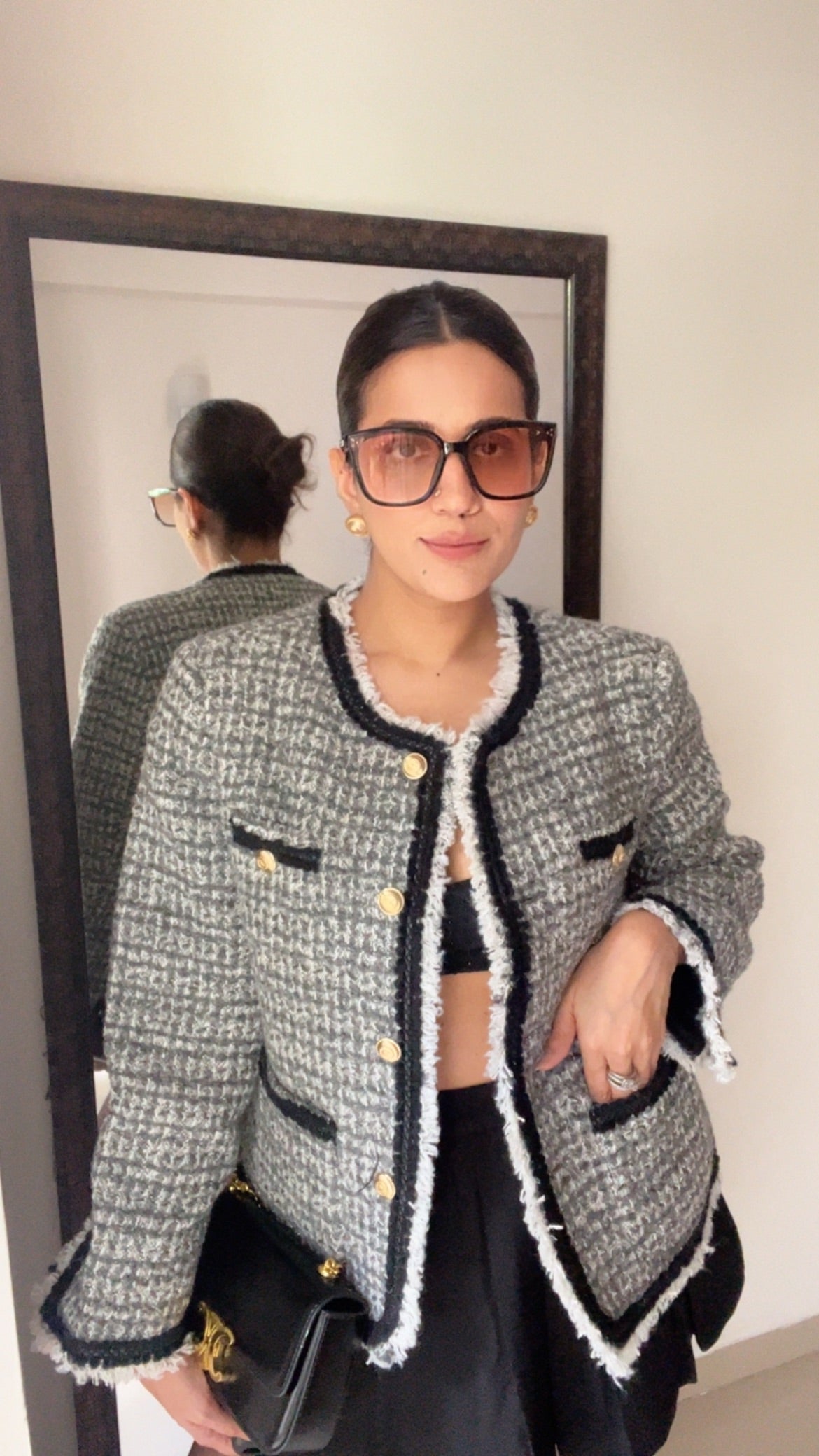 Monochrome Textured Fall Tweed Jacket