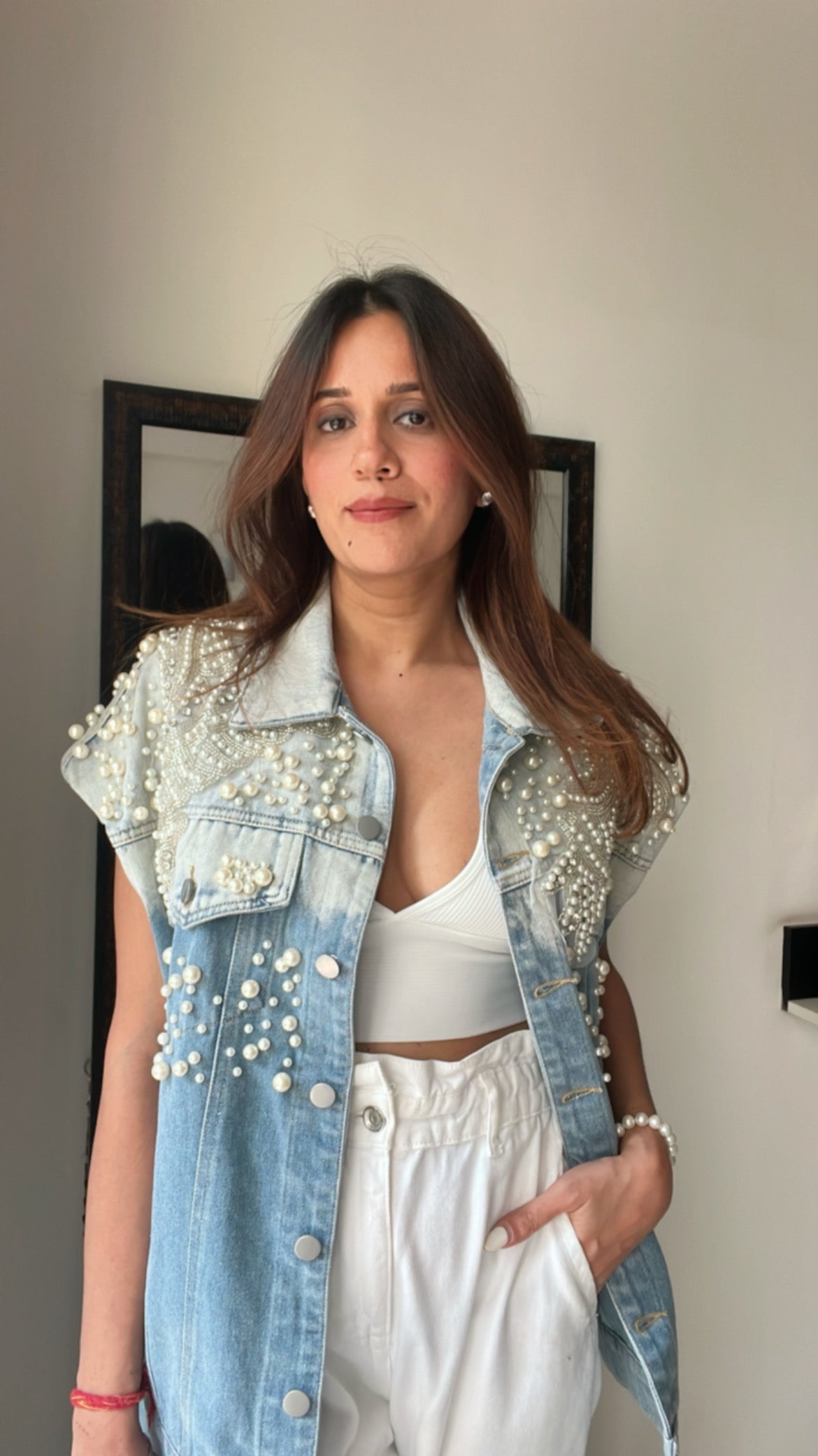 Pearl Embellished Denim Fall Jacket