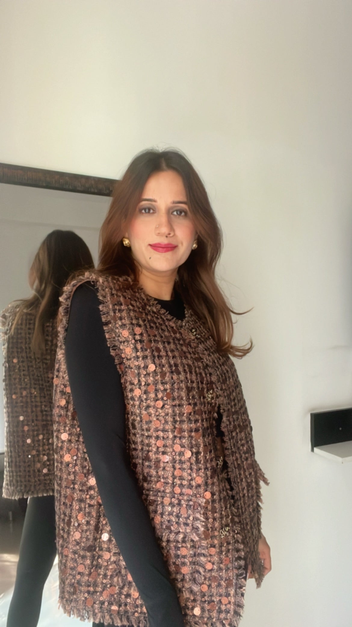 Sequin Embedded Tweed Fall Vest