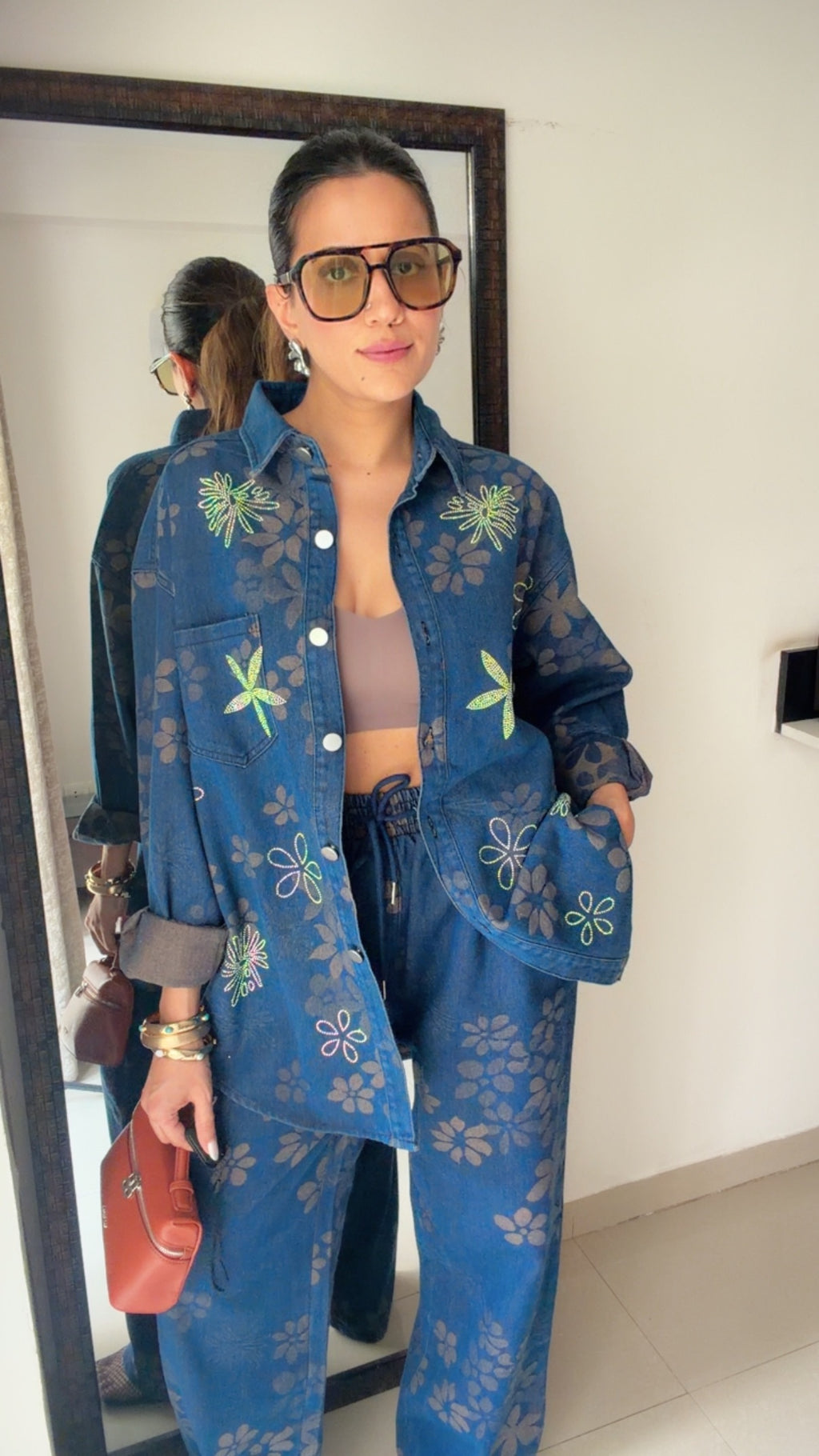 Denim Swarovski Studded Flower Co-ord Set