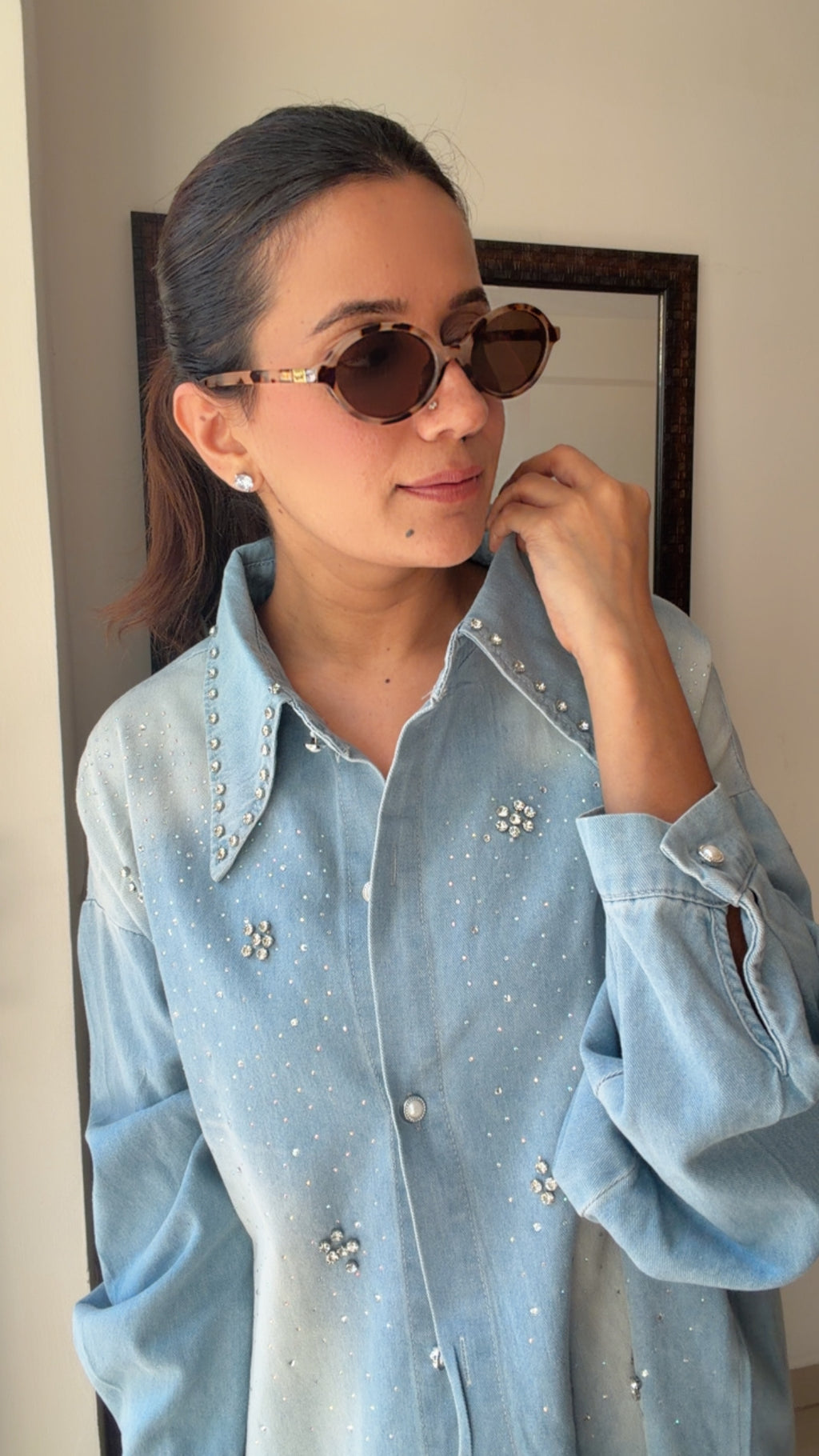 Dusted Flower Studded Denim Shirt