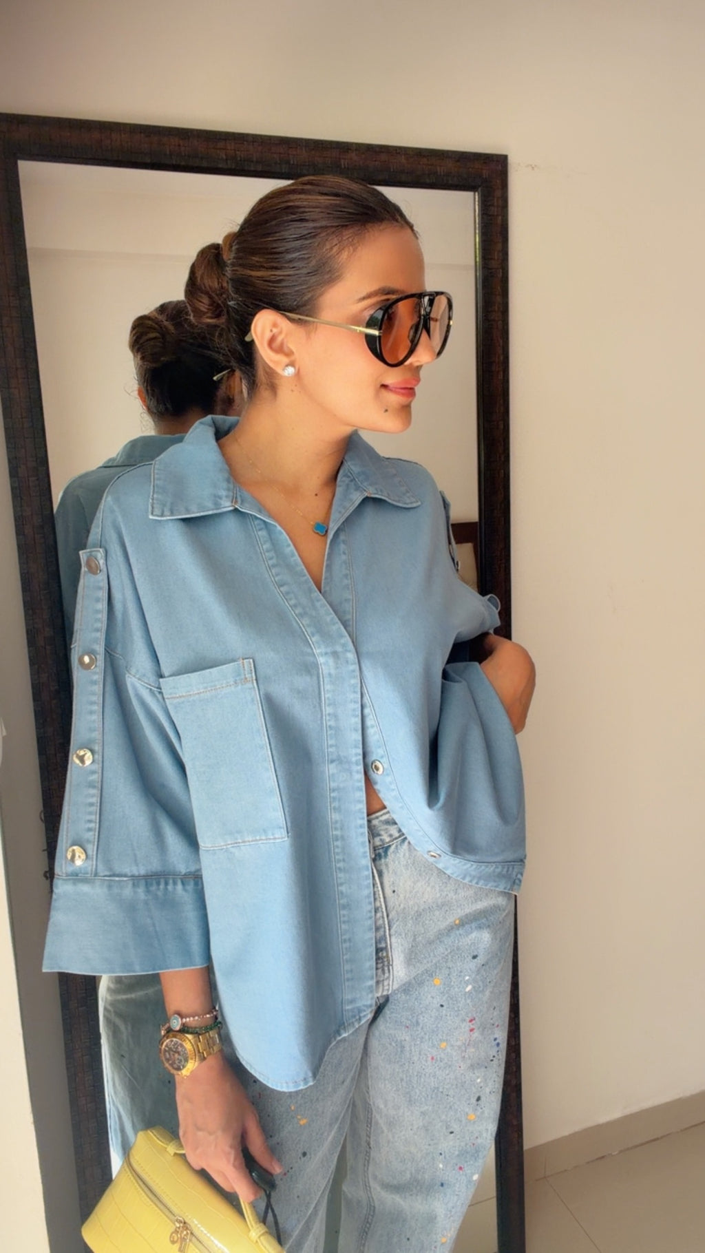Washed Denim Oversized Shirt with Studded Sleeves