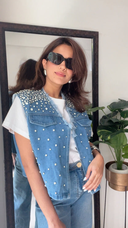 Diamond Studded Denim Fall Vest