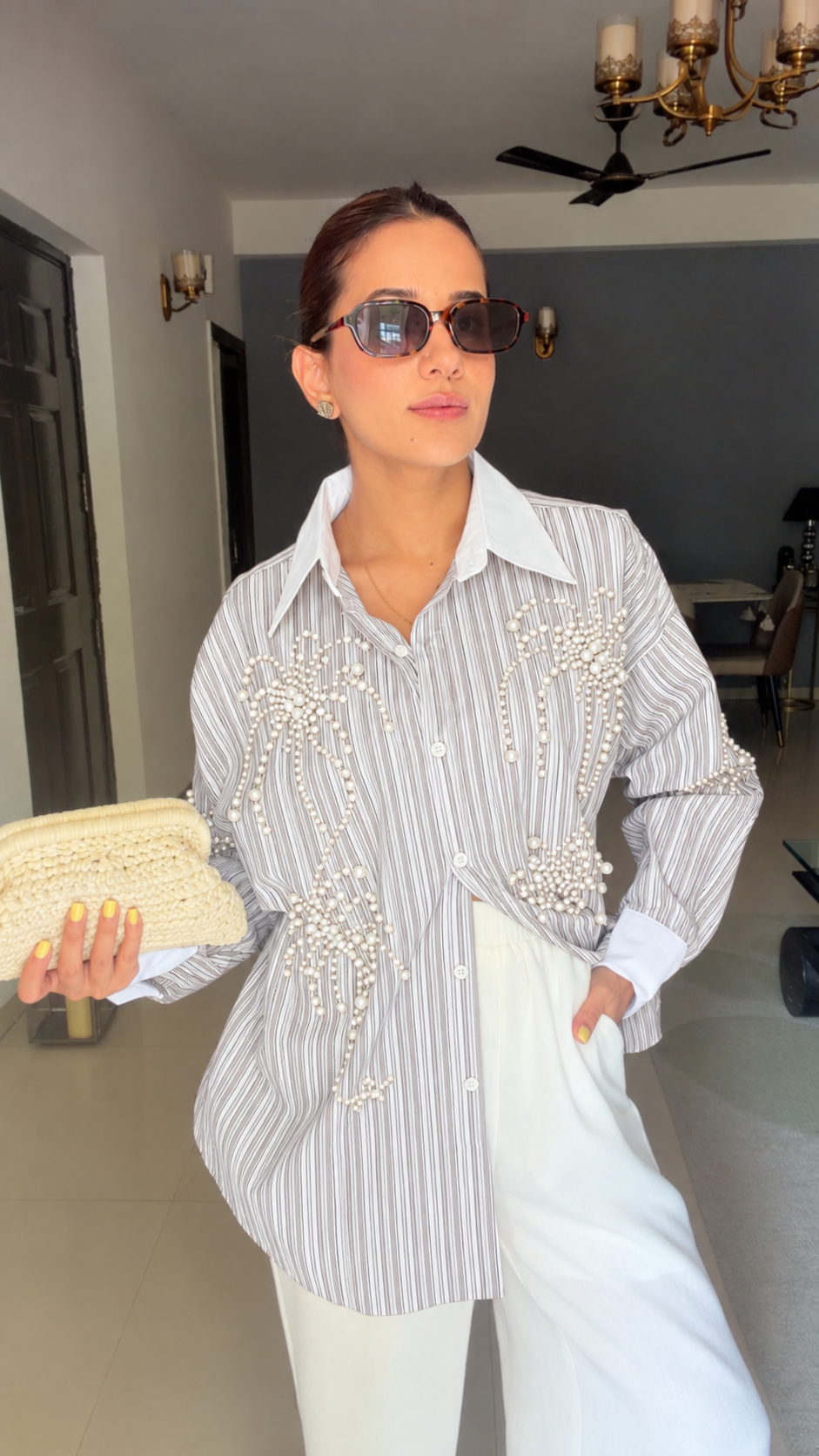 Pinstripe Pearl Detailed Poplin Shirt