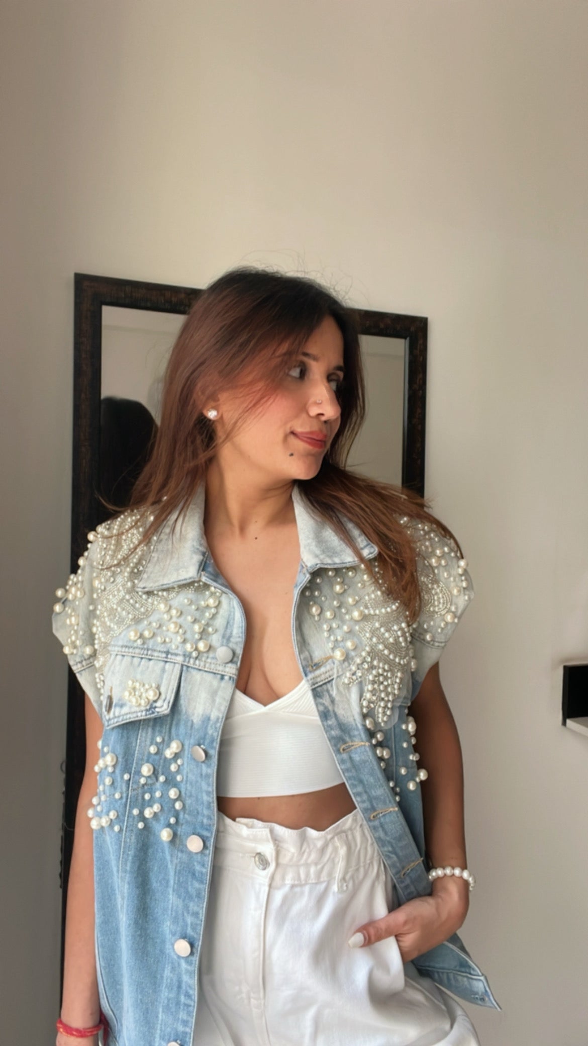 Pearl Embellished Denim Fall Jacket