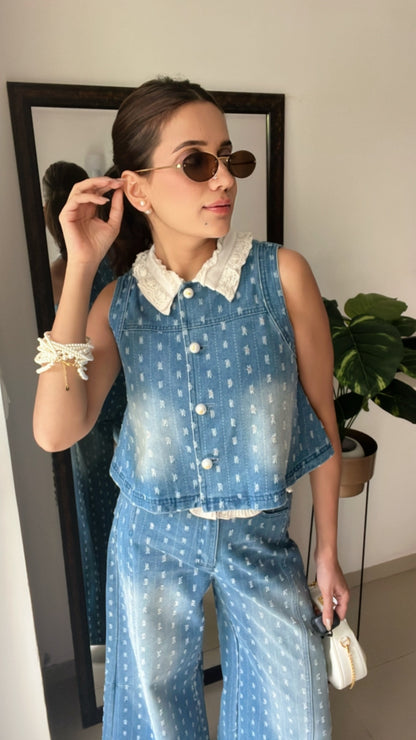 Ribbed Denim Frill Detailed Co-ord