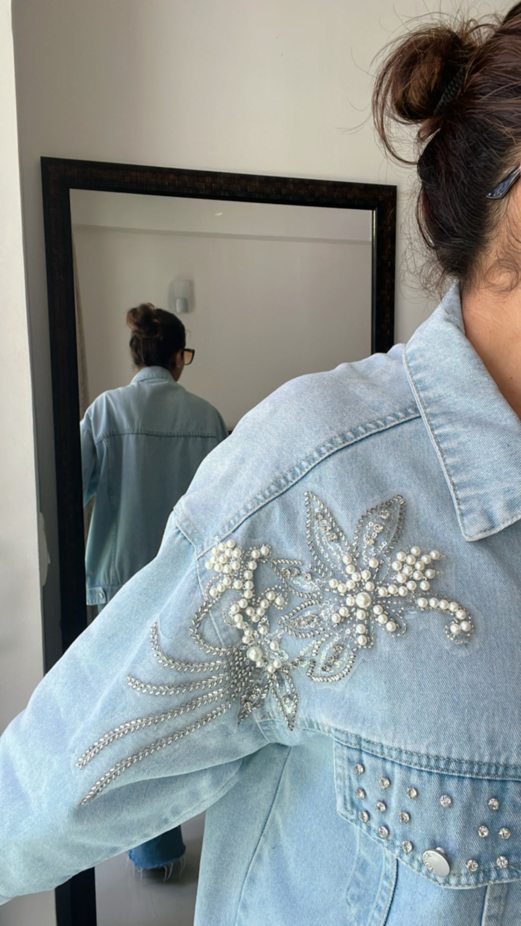 Pearl Embroidered Denim Fall Jacket