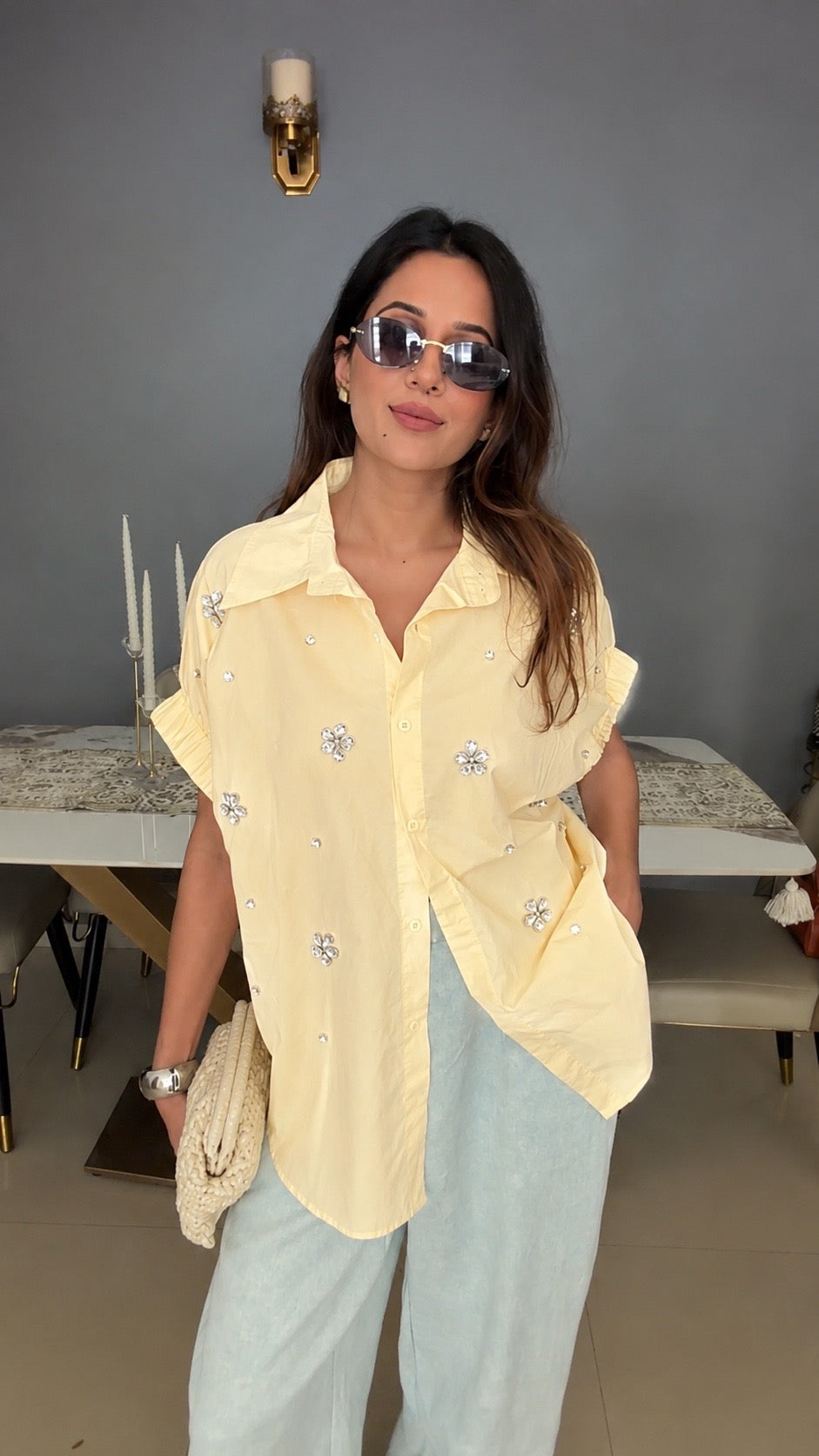 Embellished Ruched Sleeve Statement Top