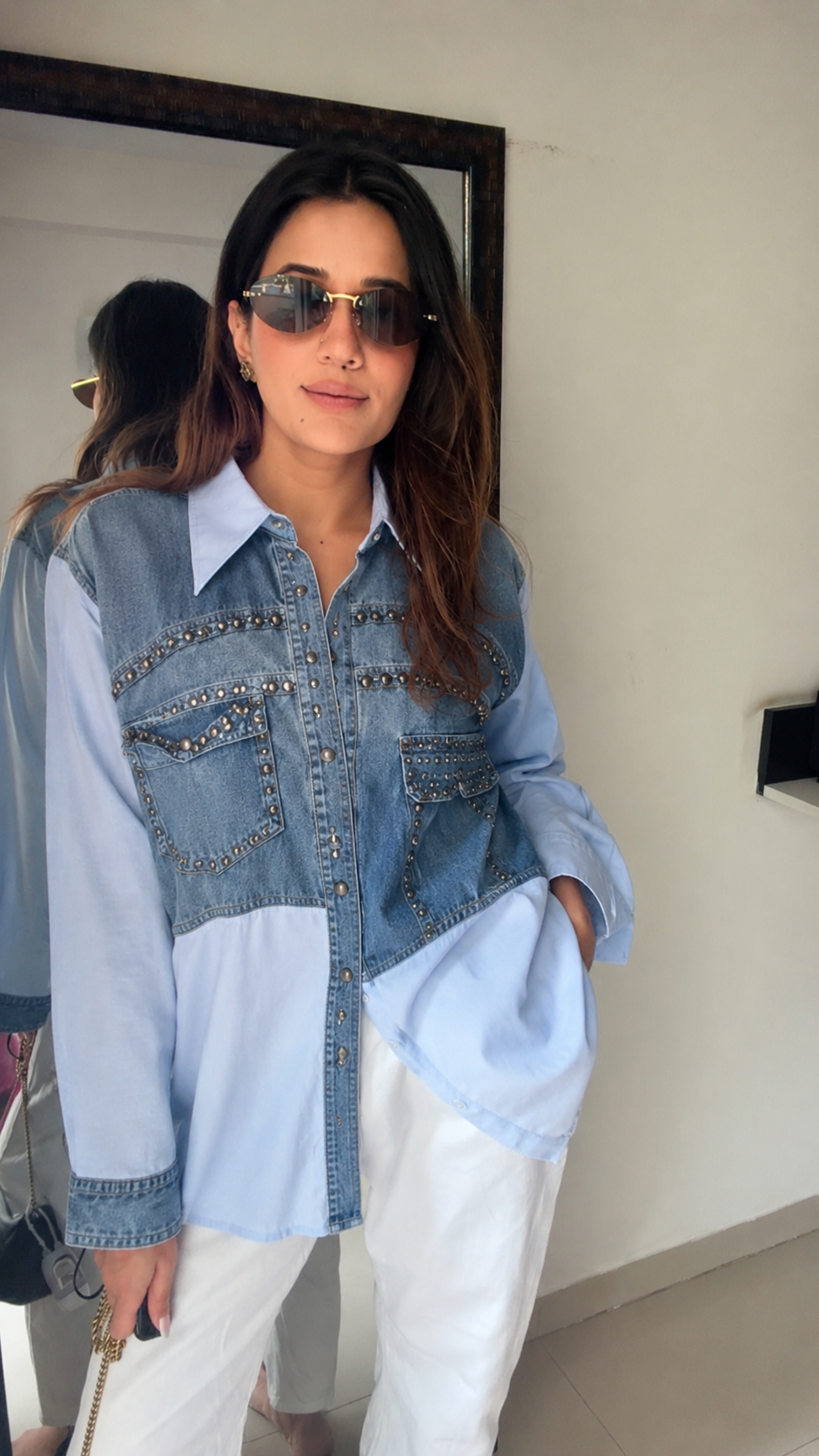 Studded Denim Contrast Statement Shirt