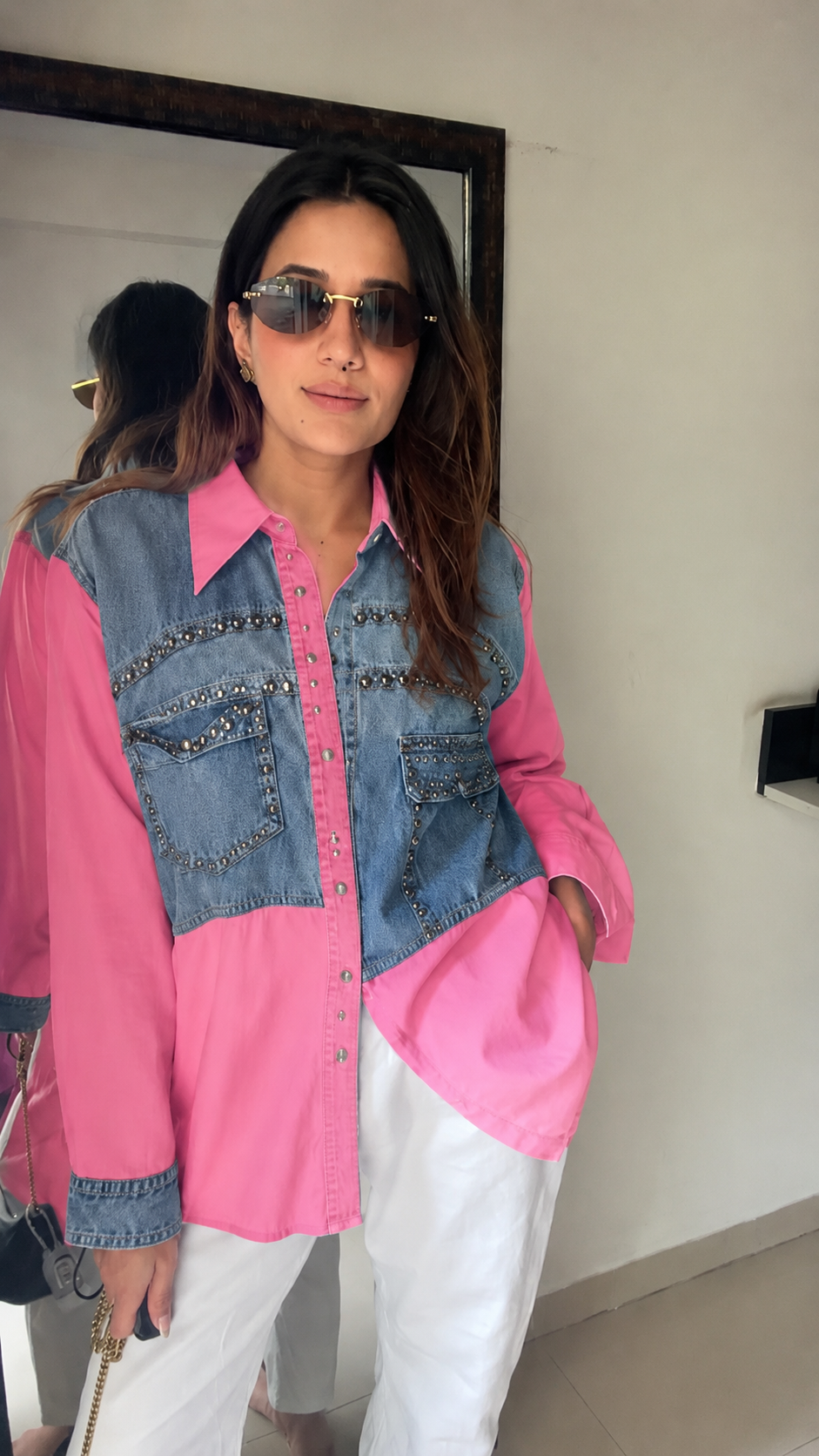 Studded Denim Contrast Statement Shirt
