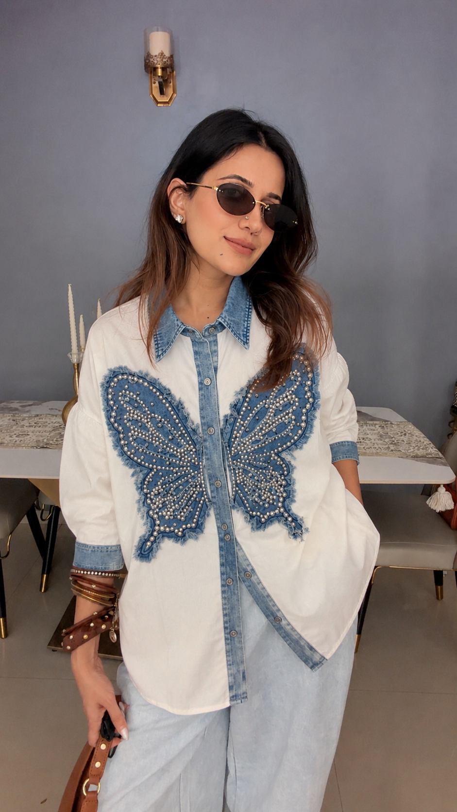 Butterfly Pearl Denim Detail Shirt