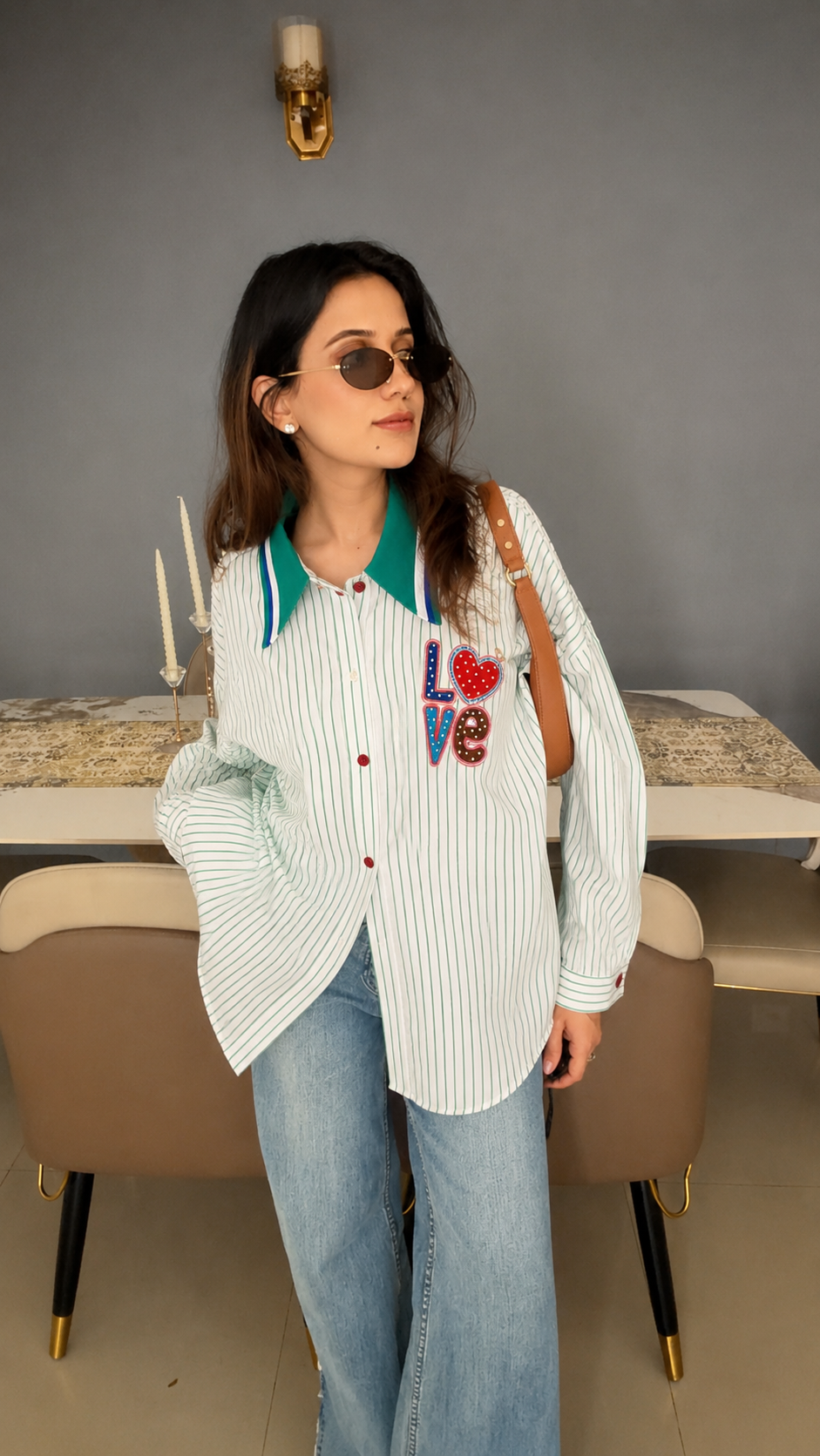 Love Patch Striped Statement Shirt