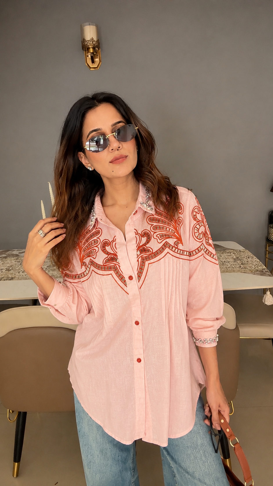 Embellished Embroidered Pintuck Poplin Shirt