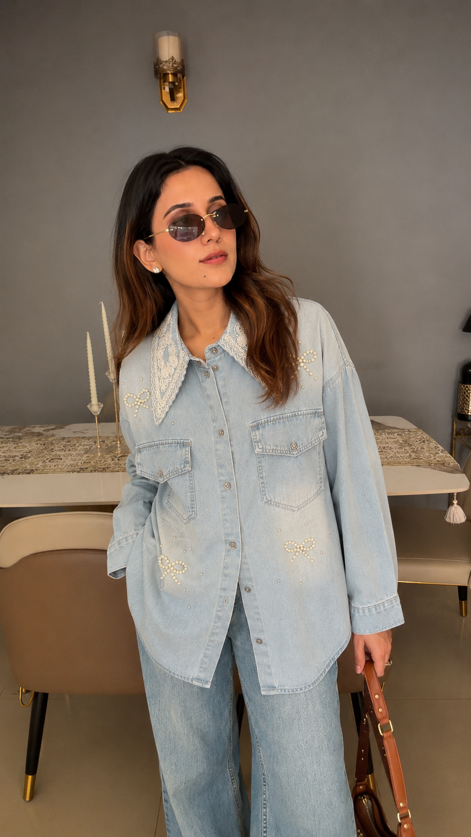 Lace Collar Pearl Detail Denim Shirt