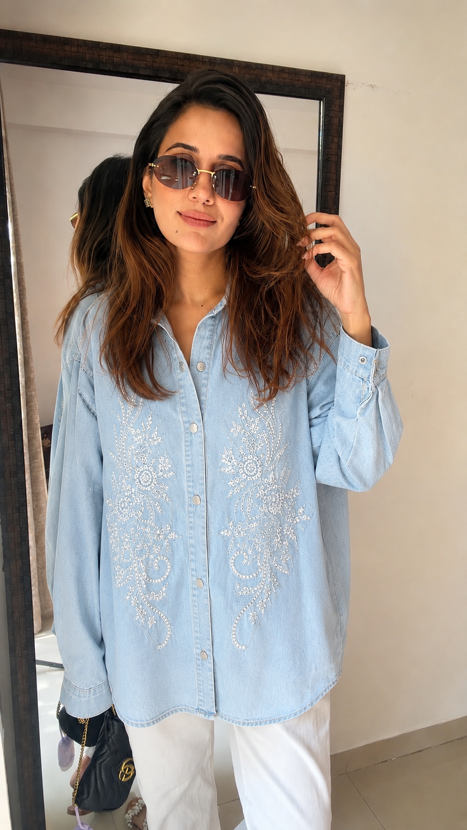 Embroidered Floral Denim Shirt
