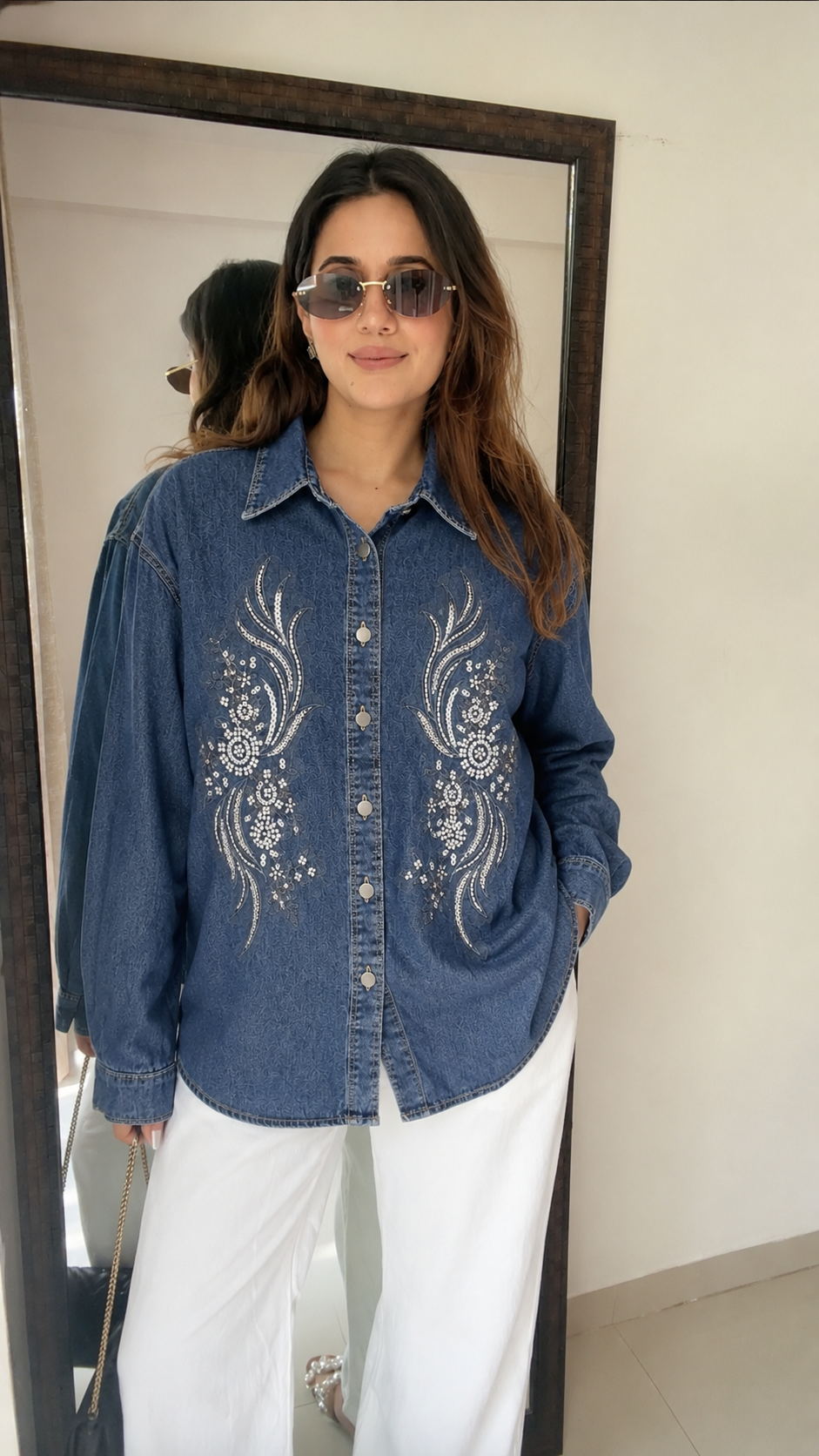 Embroidered Floral Denim Shirt