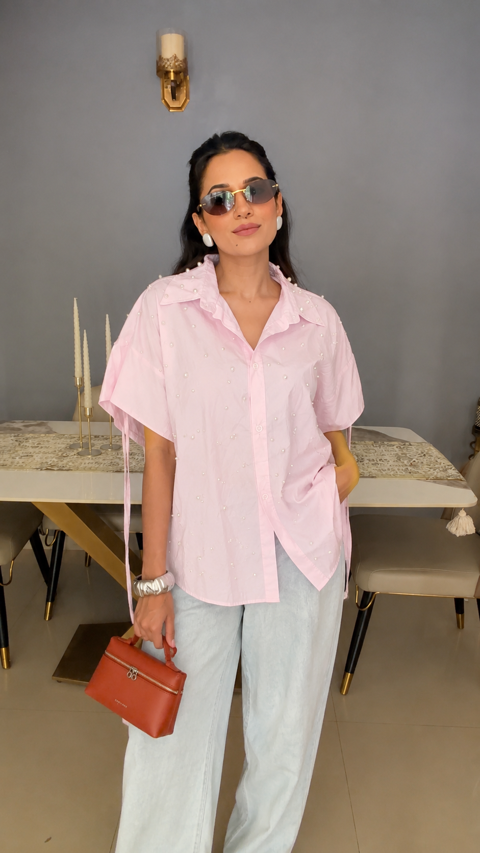 Oversized Pearl Embedded Poplin Shirt
