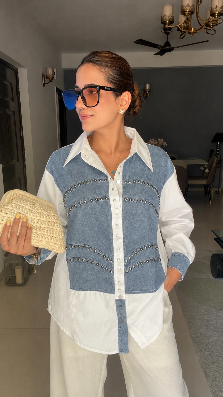 Stud Detail Denim Poplin Shirt