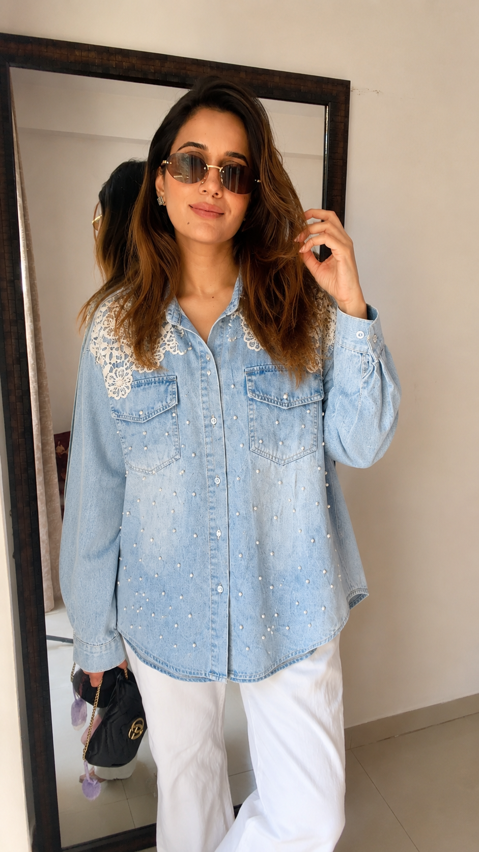 Pearl Detail Lace Denim Shirt